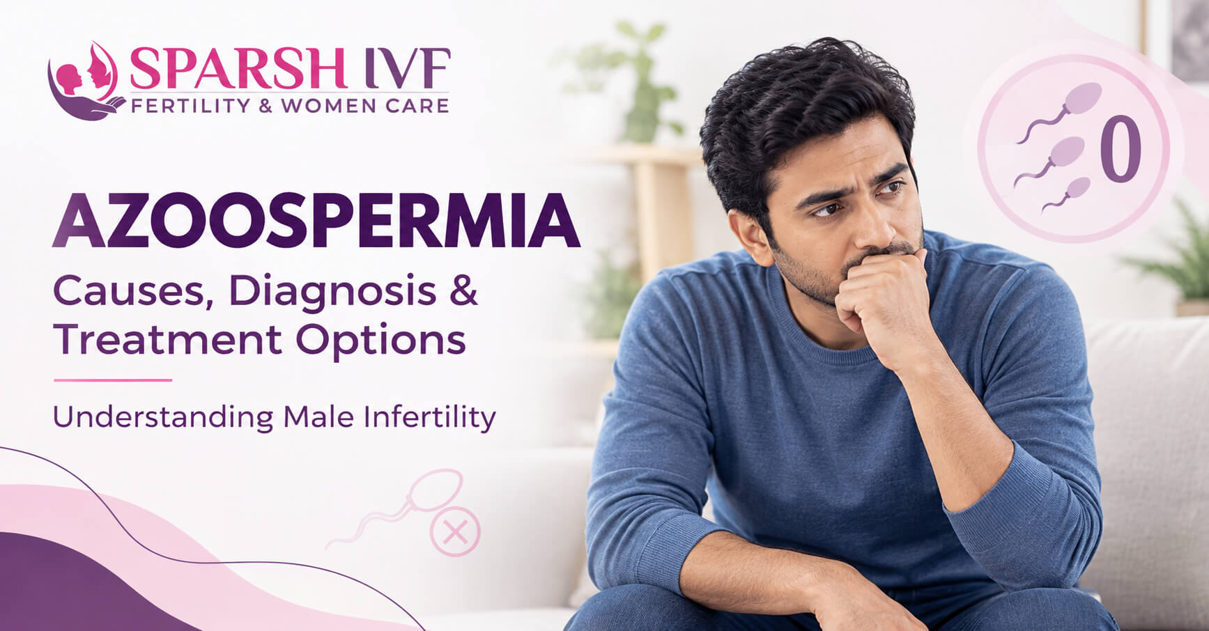 Sparsh IVF infographic on azoospermia causes, diagnosis, and treatment options for male infertility